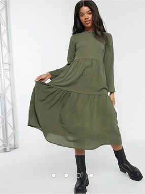 ASOS DESIGN long sleeve tiered smock midi dress in khaki